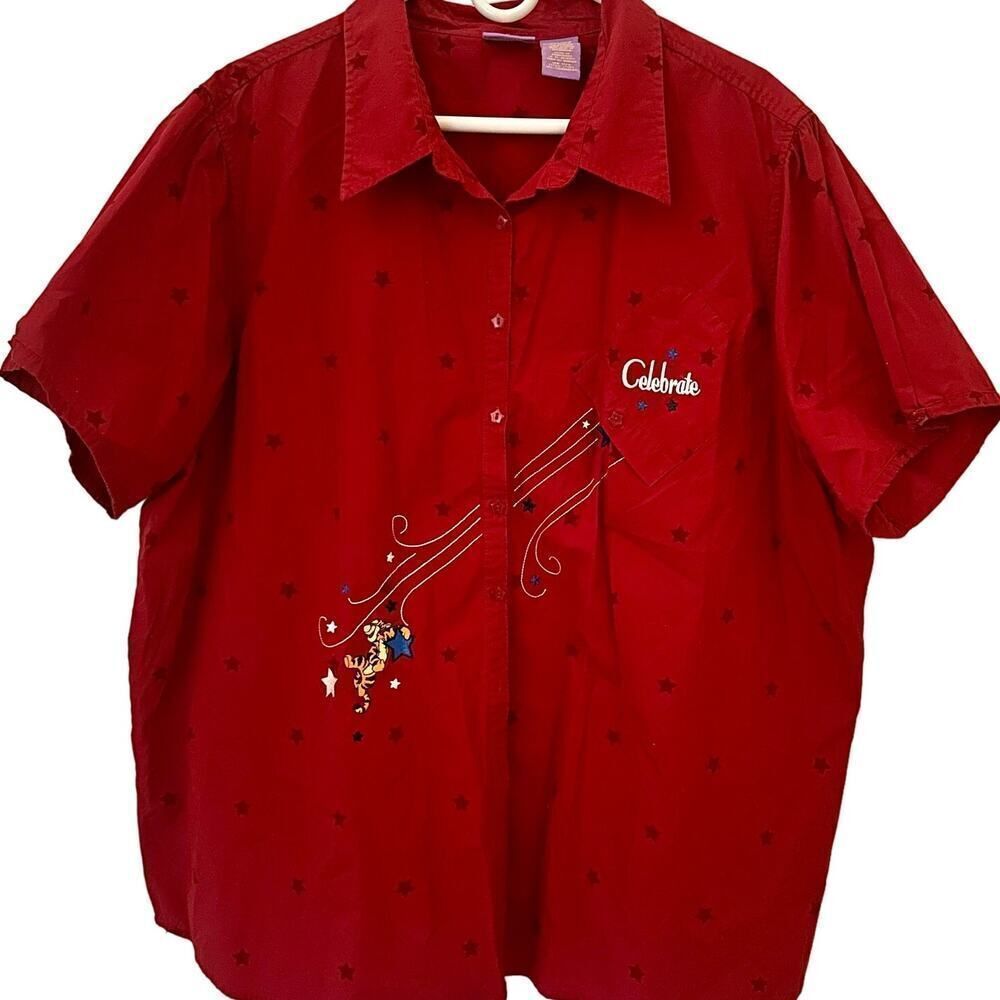 Disney Red Tigger/Star "Celebrate" Embroidered Short Sleeve Button Down- 26w/28w
